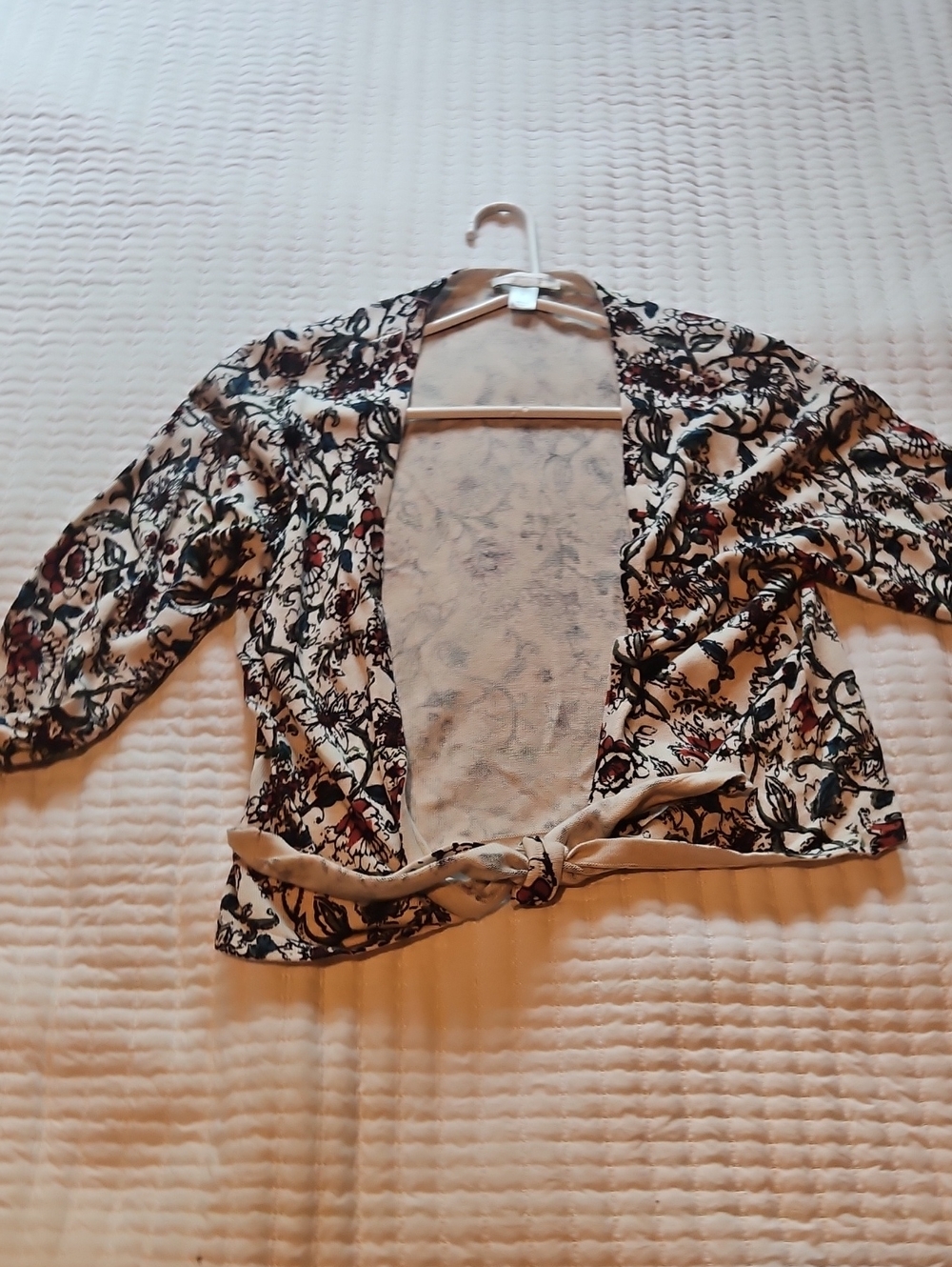 Christopher & Banks Cream Floral Tie-Front Blazer with Black & Burgundy Print